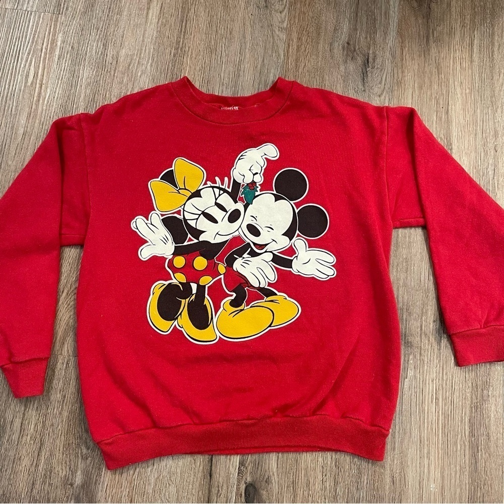 Vtg Disney Mickey Minnie Mistletoe Christmas Sweatshirt Kid Large 14-16 Red
